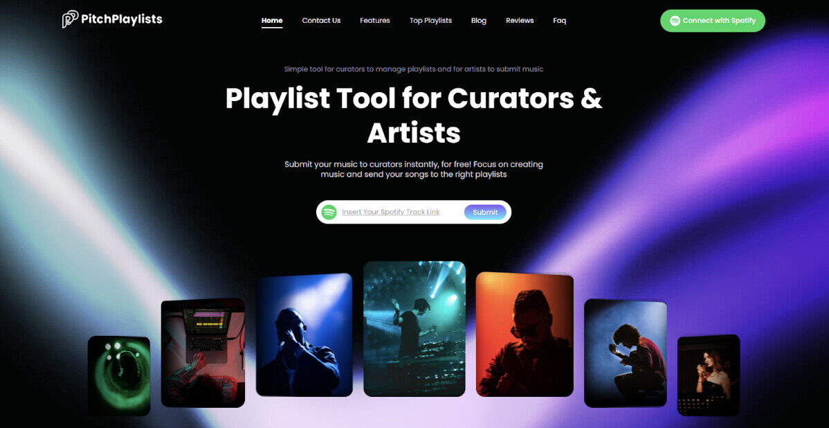 Pitchplaylists homepage screen – spotify playlist submission platform.